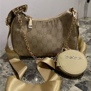 Bebe Gold Crossbody Bag with Coin Purse and Chain Detail